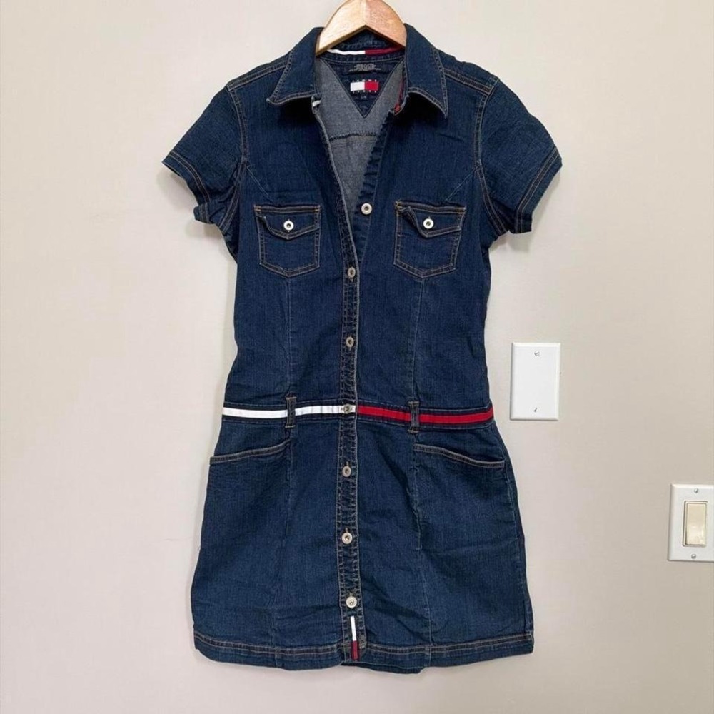 Tommy Hilfiger Denim Jean Dress Womens L Y2K 90s Utility Minimalist Vtg Style